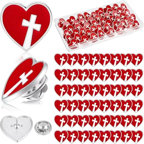 Juexica 50 Pcs Religious Sacred Heart of Jesus Pins Bulk Christian Favors Cross Enamel Lapel Brooch Red Heart Pins for Clergy Appreciation Gift Church Funeral Sunday School