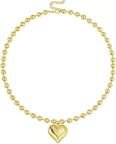 KELORIS PATH Heart Necklace for Women, 14K Gold Plated Chunky Puffy Pendant Charm Choker, Trendy Statement Ball Chain Jewelry Gifts