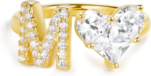 KissYan Sterling Silver Initial Heart Ring for Women, S925 Letter Rings 14K Gold Plated Open Adjustable Dainty Pave CZ Personalized Fashion Trendy Statement Jewelry Gift