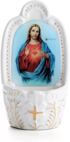 KOMI Porcelain Catholic Holy Water Font Sacred Heart of Jesus Holy Water Fonts for Entrance of Home Church Wall Hanging Decor Great Gift for First Communion Confirmation Housewarming
