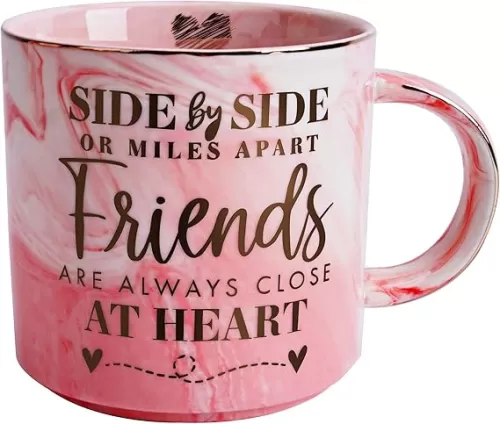 Long Distance Best Friend Birthday Gifts for Women - Funny Friendship Gift - Gifts for BFF, Bestfriend, Besties, Sister, Her - Side By Side Or Miles Apart - Cute Pink Marble Mug, 11.5oz Coffee Cup