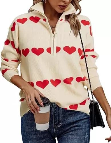 Love Heart Sweater Quarter Zip Sweater Women V Neck Valentines Pullover Sweatshirt Ribbed Knitted Loose Slouchy Tops