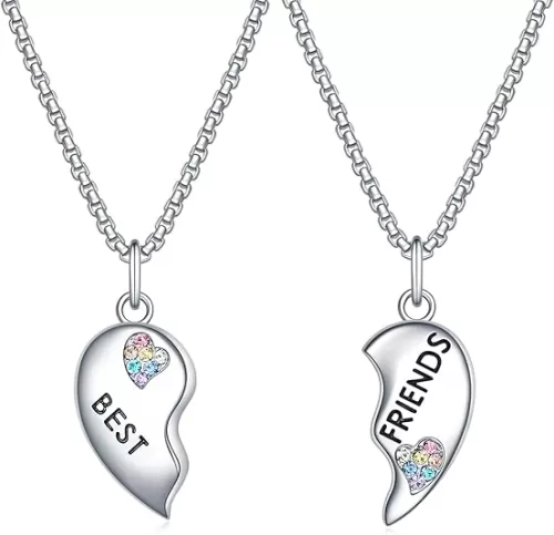 luomart Girls Best Friends Necklace for 2, BFF Friendship Gifts for 2, Rainbow Broken Heart Two Sided Pendant Jewelry Set for Women