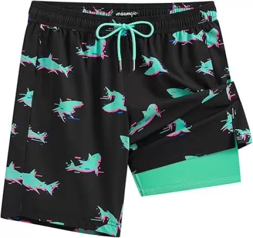 maamgic Mens Swim Trunks with Compression Liner 9 Inch Recycled Stretch Bathing Suit with Zipper Pockets Quick Dry Swim Short