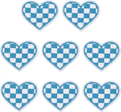 MECCANIXITY 8 Pcs Heart Checkered Iron on Patches Embroidered Appliques Sew on Patches for Jacket Denim Collection Clothes Dress Hats Jeans DIY Accessory, Blue/White