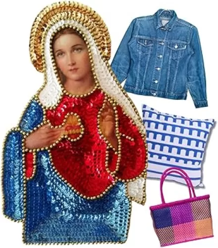 Mexican Sagrado Corazon Virgen Maria Aplique Patch, Holly Mary Sacred Heart Sequin Applique, Our Lady of Guadalupe Virgin Milagro Patch