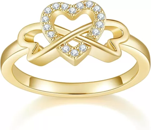 MINDDHA 14K Gold/White Gold Plated Rings- Love Heart Infinity Eternity Band- Cubic Zirconia Simulated Diamond Ring For Wedding/Silver Rings, Gold Rings for Women- 2mm Band Size 4-12