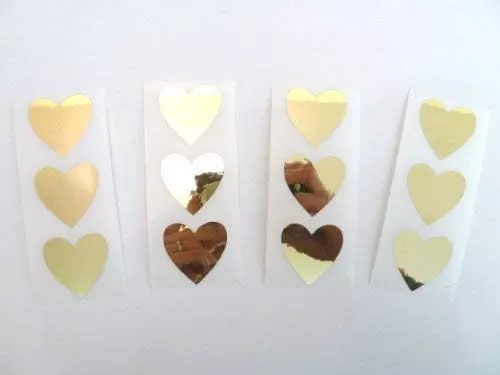 Mini Sticker Pack , Shiny Gold , 28X28mm , Heart Shape Coloured Durable Plastic Seal Labels