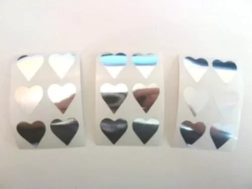 Mini Sticker Pack , Shiny Silver , 22X20mm , Heart Shape Coloured Durable Plastic Seal Labels