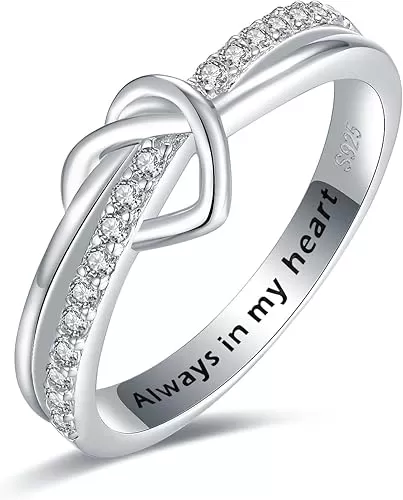 Mother Daughter Heart Knot Ring for Women 925 Sterling Silver Love Knot Ring Engraved "Always in My Heart" Mothers