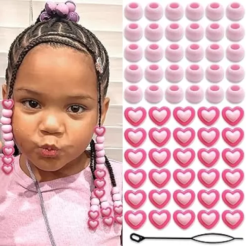 NAISKA 60Pcs Hot Pink Heart Hair Beads for Kids Girls Round Beads for Hair Cute Hair Beads for Braids Small Pony Dreadlock Beads Acrylic Beads Girls Braid Clips Accessories