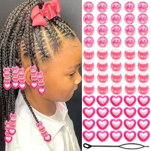 NAISKA 60Pcs Pink Love Heart Kids Hair Beads Small Round Hair Beads for Braids Cute Acrylic Beads for Hair Braid Loc Beads Girls Dreadlock Beads Candy Beads Loc Jewelry Dreadlock Accessories
