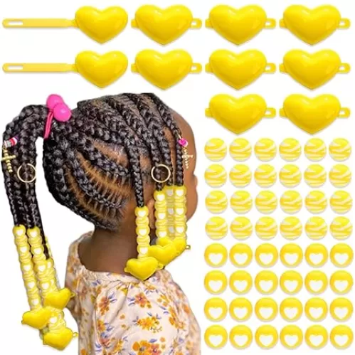 NAISKA 60Pcs Yellow Heart Hair Beads for Kids Girls Heart Self-Hinge Barrettes Cute Acrylic Hair Beads for Braids Dreadlock Jewelry Toddler Braid Clips Accessories
