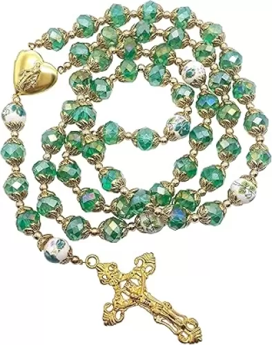 Nazareth Store Catholic Green Crystal Beads 10mm Gold Rosary Flowers Beaded Necklace Miraculous Heart Locket Medal & Cross Religious Women Men Amulet 21" in Velvet Bag
