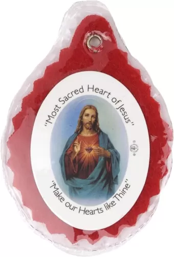 Needzo Red Sacred Heart of Jesus Badge, Laminated Catholic Patch, Religious Gifts, 2.5 Inches
