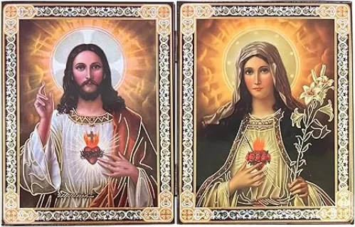 Needzo Sacred Heart of Jesus and Mary Catholic Icon Diptych, Gold Foil Icons Religious Gift For Woman, Man 5 1/4 Inch