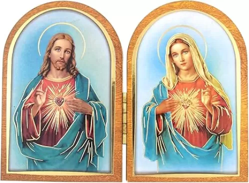 Needzo The Sacred Heart of Jesus Christ and The Immaculate Heart of Mary Standing Catholic Diptych Folding Decoration with Metallic Gold Tone Designs, 3 1/2 Inch (High)