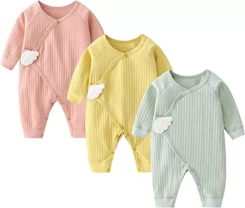 Newborn Baby Romper - Unisex Cotton Bodysuit for Infant Baby Boys Girls 3 Pack Long Sleeve Button Solid Jumpsuits