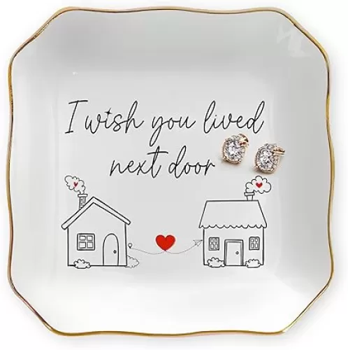 OASSIE Friend Gifts for Women - I Wish You Lived Next Door 4"x4" Ceramic Jewelry Dish Tray - Birthday Long Distance Relationship Bestie Friendship Gifts for Women Friend Sister Coworkers