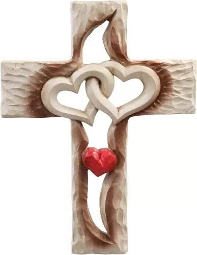 Oooct Carved Cross, Resin Cross Wall Decor, Intertwined Hearts & Never Separates Love, Great Christian Gift, Wall Art Gift, Home Living Room Decor - 6.88 × 5.23 Inch