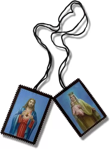 Our Lady of Mt. Carmel and Sacred Heart Jumbo Scapulars Catholic, Brown Scapular Necklace for Men and Women with Scalloped Edges, 3.25 Inch Panels