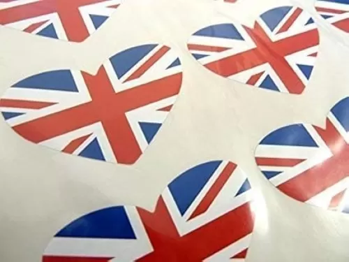 Pack Of 18 , Heart Shape 60X40mm , Union Jack British Self-Stick Gb Flag Labels Great Britain Stickers