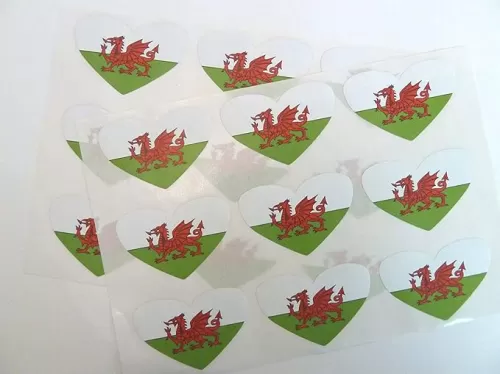 Pack Of 18 , Heart Shape 60X40mm , Wales Self-Stick Flag Stickers Welsh Dragon Self-Adhesive Labels