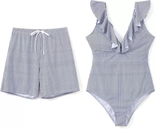 PATPAT Matching Swimsuits for Couples V Neck One Piece Swimwear Drawstring Waist Swim Trunks Summer Beach Bathing Suits
