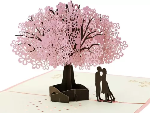 PENTA ANGEL Handmade Cherry Blossom Card Pop Up 3D Flower Card Romantic Love Letter Greeting Anniversary Wedding Valentine Birthday Gift Card Blank Stationery Paper Card for Her Him Husband Wife