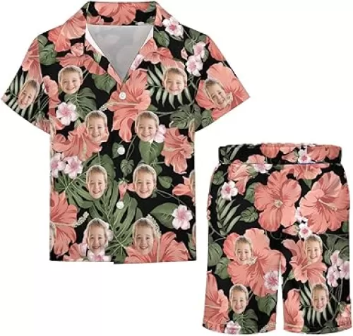 Personalized Face Photo Kids Hawaiian Shirt and Short Set, Custom 4-12 Years Boys Girls Swim Trunks 2 Piece Outfit