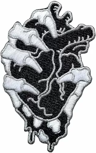 Pinsanity Skeleton Hand Holding Bleeding Black Heart Iron-On Embroidered Patch