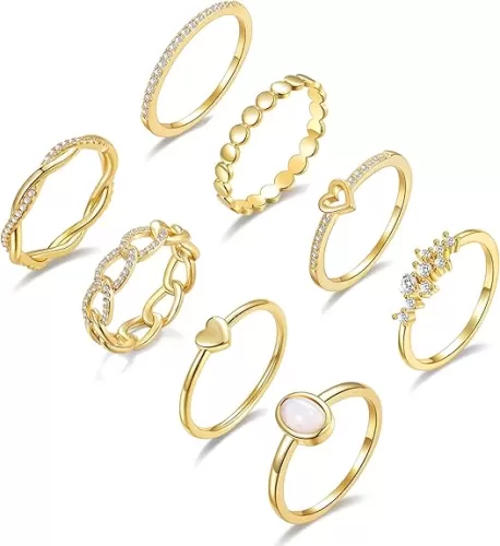 PLOMFOV 14K Gold/Silver Plate Stacking Rings Set for Women CZ Heart Simple Cute Stackable Rings Dainty Trendy Gold Statement Rings Plain Band Size 4-11