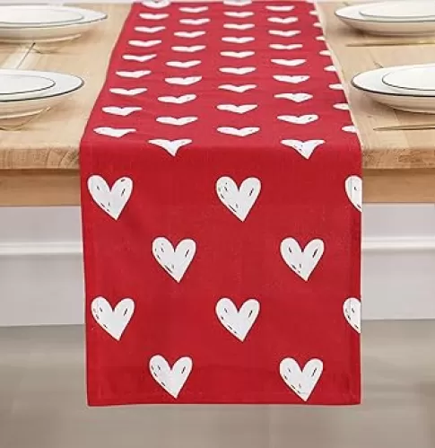 PurpleEssences Valentines Day Table Runner Love Heart Table Decor, Indoor Outdoor Holiday Anniversary Decoration for Home 13 X 72 Inch - Red - White Heart
