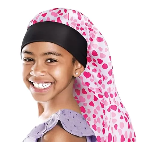 Red by Kiss Kids Satin Braid Bonnet, Comfy Wide Band for Long Hair, Long Braids (Hearts) Multi Color