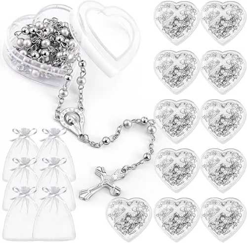 ROCEEI Catholic Rosary Necklace 4 mm Glass Beads Rosary Favors Crucifix Prayer with Faux Pearl with Heart Shaped Box and Organza Bag for First Communion Baptism