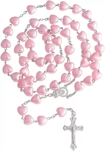 Rosary Beads Catholic for Woman, Pink Heart Shaped Rosary Necklace, Bead Necklace First Communion Gifts for Women Catholic, Christian Gifts Catholic Gifts