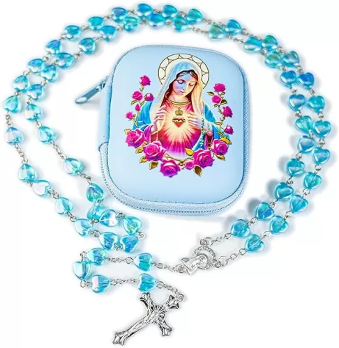 Rosary Beads Catholic for Women - Pearl Beads with Classic Cross, Virgin Mary Zippered Prayer Box, First Communion Gifts, Baptism Confirmation Jewelry