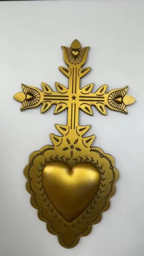 Sacred Heart Antique Gold Cross Pendant, Religious Wall Decor, Heart Design, Gold