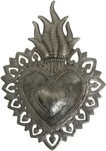 Sacred Heart, Flaming Heart, Religious Folk Art, Spiritual Home Decor, Haitian Metal Wall Art 7.25 X 10.25 Inches