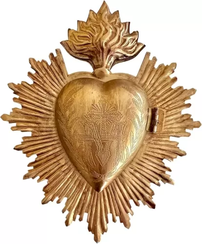 Sacred Heart, Metal Milagro, Heart Box, Ex Voto, Prayer Holder (Antique Gold)