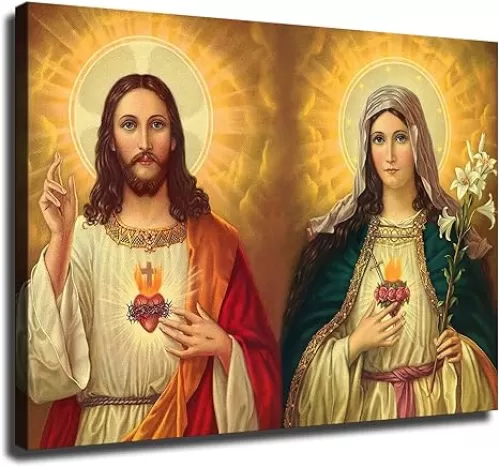 Sacred Heart of Jesus and Immaculate Heart of Mary Catholic Canvas Poster Wall Art for Living Room Bedroom Wall Art Printins Wall Decor Gift (8x12inch-No Framed)