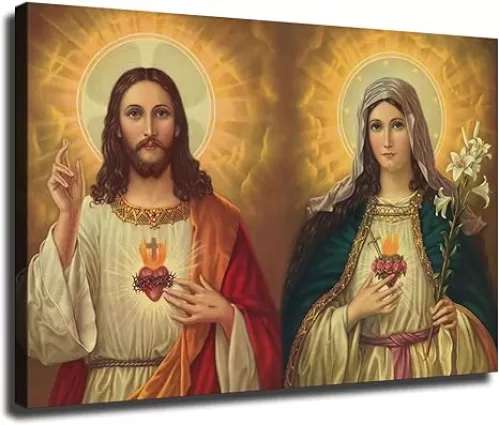 Sacred Heart of Jesus and Immaculate Heart of Virgin Mary Catholic Poster Painting Canvas Wall Art Living Room Bedroom Decor Modern Oil Painting Decoration (08X10inch, Unframed)