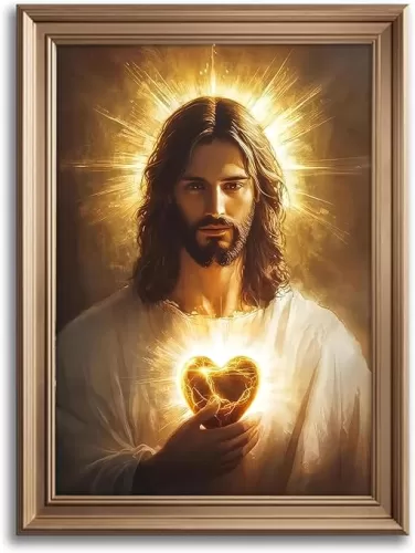 Sacred Heart of Jesus Canvas Wall Art Christ Jesus Divine Mercy Portrait Picture Catholic Tranquility Painting Poster Print for Living Room Bedroom Church Prayer Wall Decor 12x16In Framed