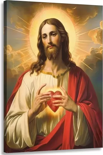 Sacred Heart of Jesus Canvas Wall Art Jesus Portrait Picture Jesus Divine Mercy Painting Jesus Christ Prints Christian Catholic Religious Wall Decor for Living Room Bedroom 12x16in Framed