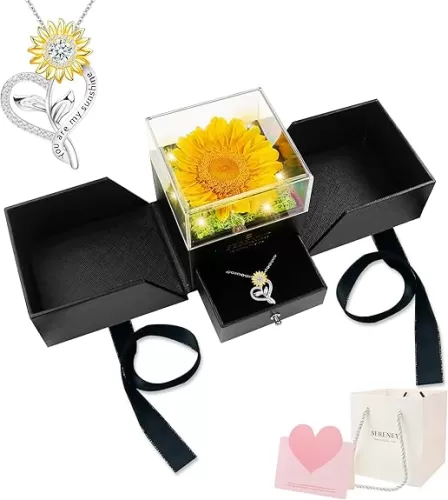 Sereney Preserved Sunflower Gifts for Women, You are My Sunshine Necklace as Flower Jewelry Birthday Gift for Mom, Silver Necklace Anniversary Yellow Gifts for Wife Daughter Girlfriend