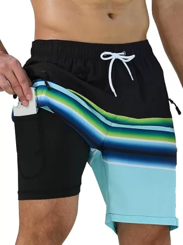 SILKWORLD Quick Dry Mens Swim Trunks with Compression Liner 7" Mens Bathing Suits with Zip Pockets