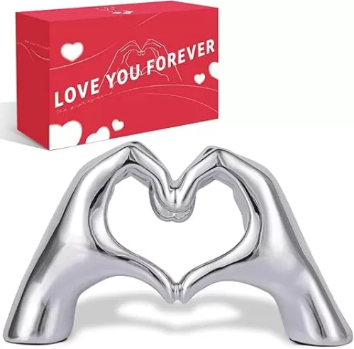 Silver Heart Hands Sculpture-Versatile Heart Hands Bracelet Holder, Room Decor for Bedroom, Living Room, Bookshelf, Desk Table Decoration, Entryway Silver Heart Hand Statue (No Bracelet)