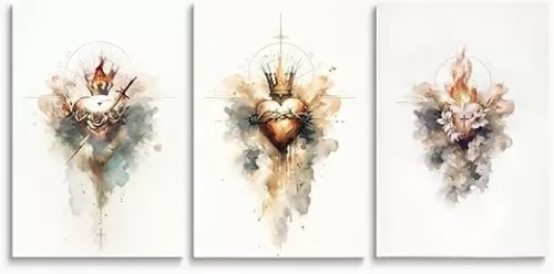 SKYSUKEY Watercolor Jesus Canvas Wall Art, Sacred Heart of Jesus Wall Decor, Immaculate Heart of Mary, Mary And Joseph Hearts Art Prints, Christian Home Decor Wall Art, Set of 3 Framed, 12"x16"x3