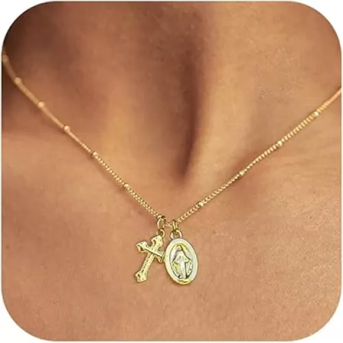 Small Cross Necklace for Women Dainty 14K Gold Silver Plated Cross Pendant Necklace Everyday Simple Cross Charm Choker Minimalist Religious Jewelry Cute Trendy Gifts