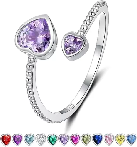 Step Forward 925 Sterling Silver Birthstone Rings for Women - Adjustable Open Heart Ring Constellation Month Band for Her Birthday Gifts Jewelry